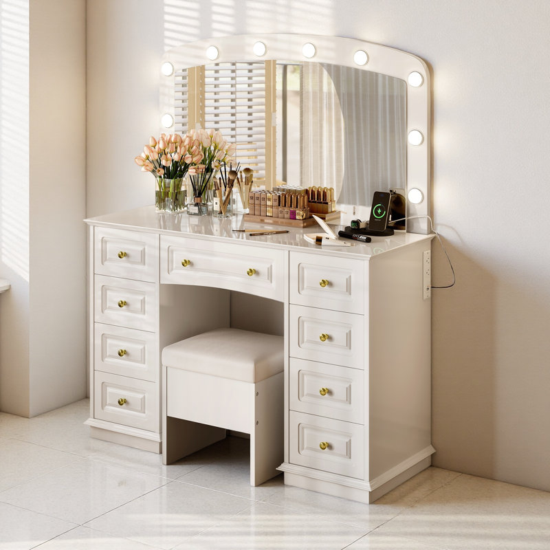 Luxurious Makeup Vanity With 10 Hollywood Bulbs, 3 Color Lighting Modes, Classic Dressing Table With Cushioned Stool And 9 Storage Drawers
