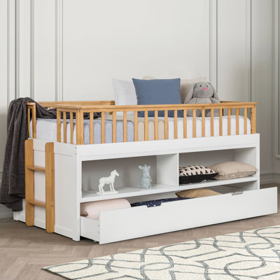 Lit-bateau simple transitionnel avec lit gigogne, chêne et blanc