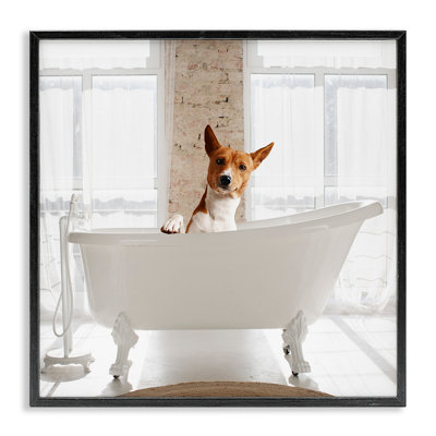 Happy Dog in Bathroom Tub Framed Giclee, design by CAD Designs