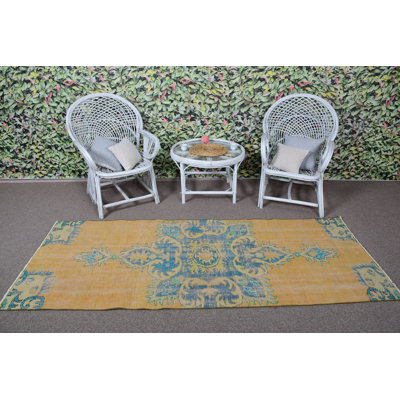 Handwoven Vintage Turkish Rug in Unique Yellow and Blue Pattern for Elegant Home Decor