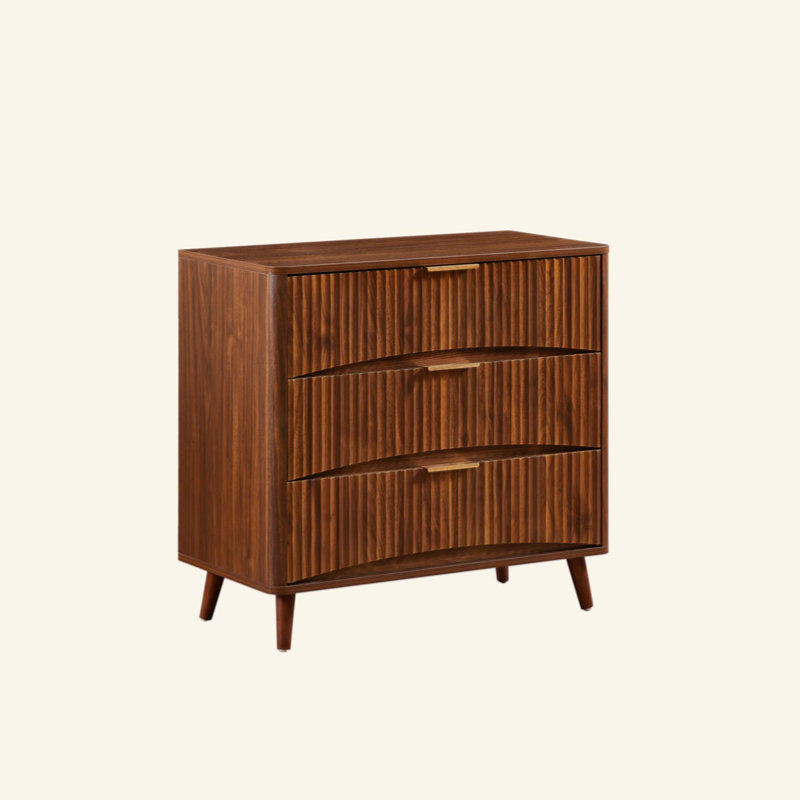 Commode à 3 tiroirs cannelée, commode haute de style Mid-Century avec design rainuré vertical, armoire de rangement en bois massif avec poignées en métal pour le salon de la chambre à coucher