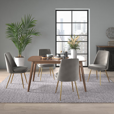 Fairfield Mid-Century Modern Tapered Dining Set, Gray Velvet, 59" Dining Table And 4 Chairs