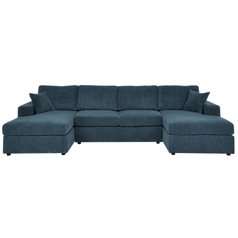 3 - Piece Corduroy Double Chaise For 4, Engineered Wood Frame, Blue Upholstery, Square Arms, Removable Cushions And Modern Minimalist Space 4 People, Foam Filled Cushions, Interior