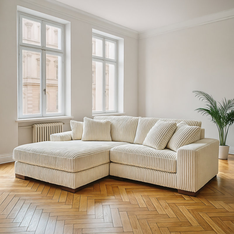 Canapé et chaise longue Lindyn, Polyester ivoire, Orienté à gauche (vu de face)