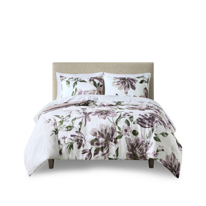 Édredon doux en microfibre brossée taupe à motif floral mauve et motifs
