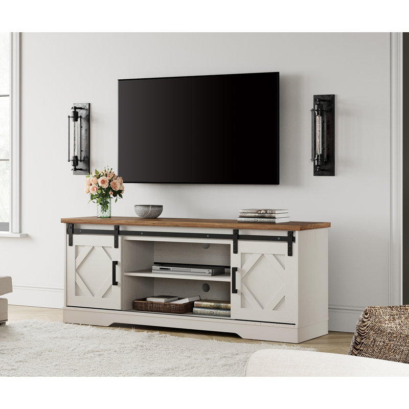 Glenford Modern Farmhouse TV Stand for up to 65" TV with Sliding Barn Door, White Oak