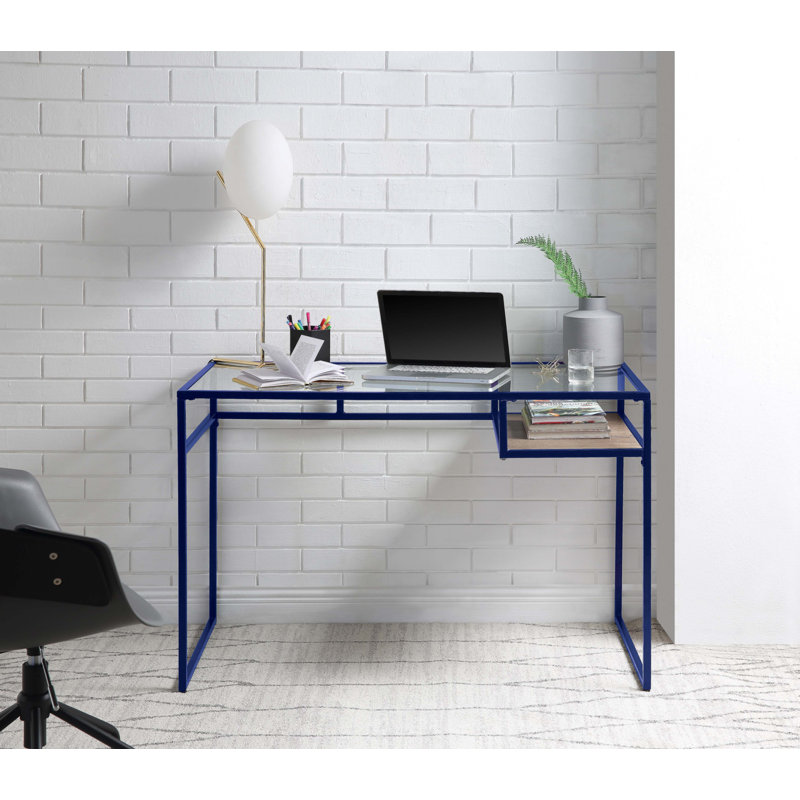Bureau Yasin avec plateau en verre et finition bleue, Bleu