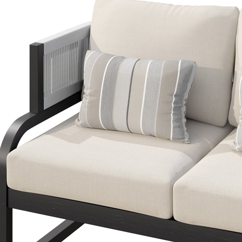Causeuse d'extérieur en acacia avec coussins, Cadre mat noir / toile lin coussin Sunbrella