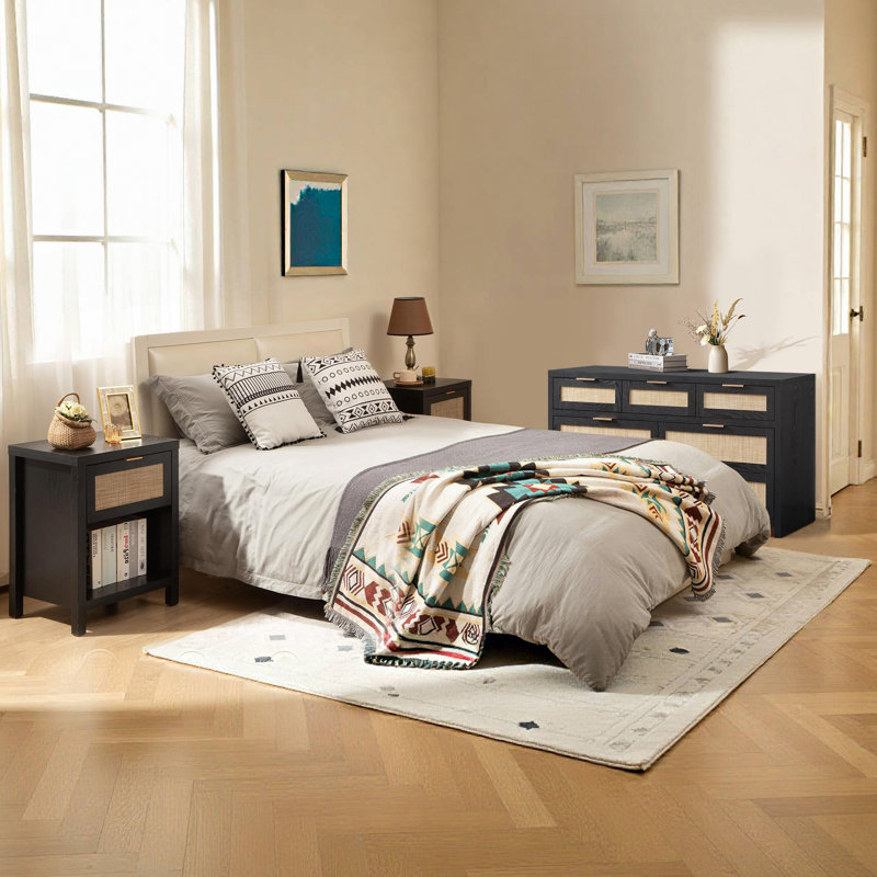 Ensemble de chambre à coucher 3 pièces avec rangement en rotin (commode 7 tiroirs + 2 tables de chevet)