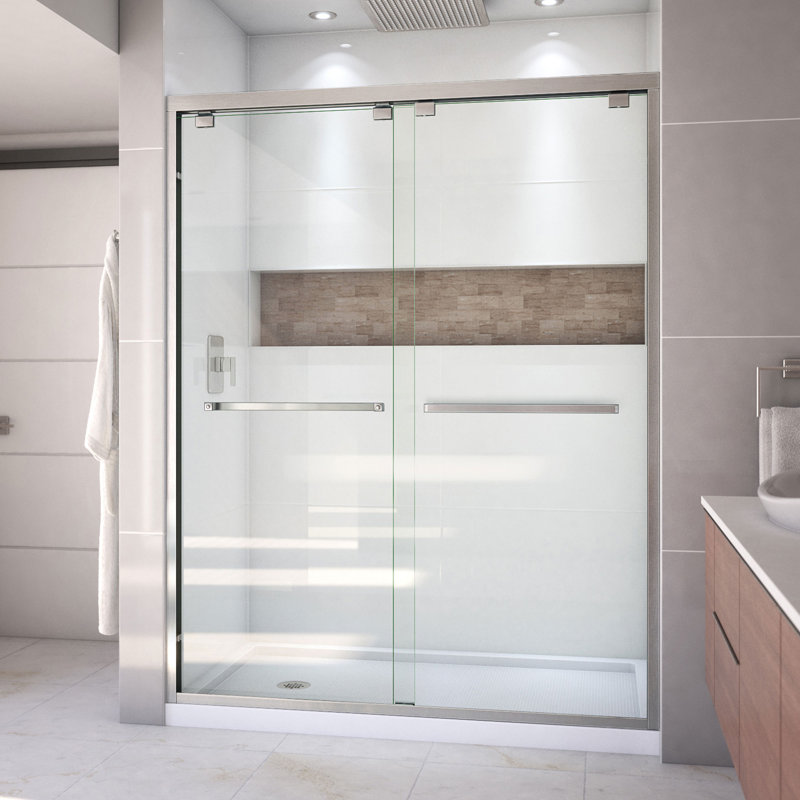 Encore 78.75" H Semi-frameless Sliding Shower Enclosure, Brushed Nickel/White, Left