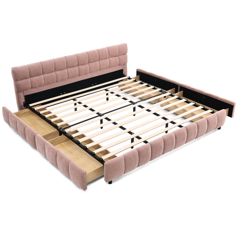 Lit très grand avec tête de lit rose, revêtement en chenille et dessous de tiroir, structure solide, rangement de tiroir