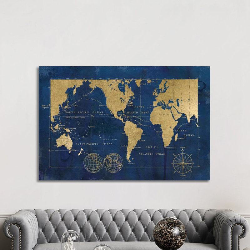 «Indigo World Map» par Carol Robinson, impression sur toile tendue, H 8 po x l 12 po x P 0,75 po