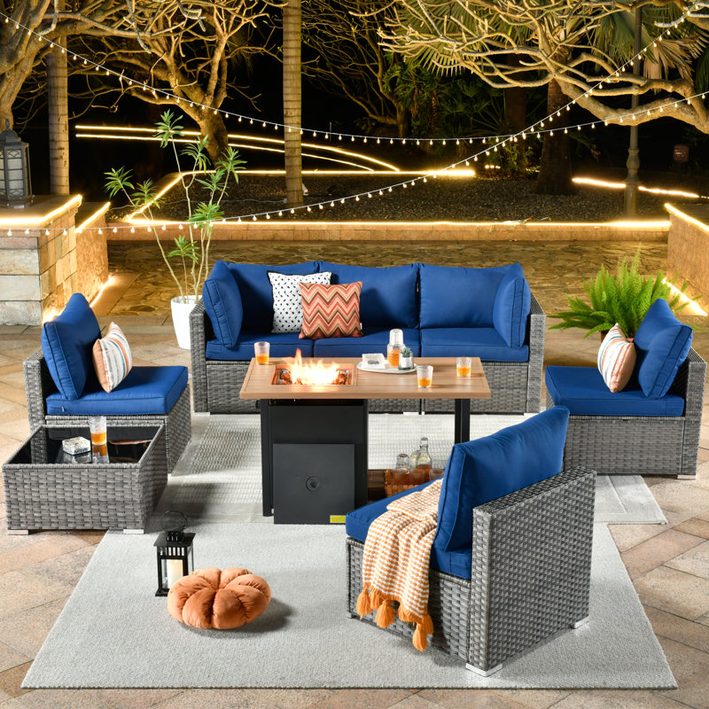 Chappotin Wicker 6 - Person Modular Patio Conversation Set with Cushions, Navy