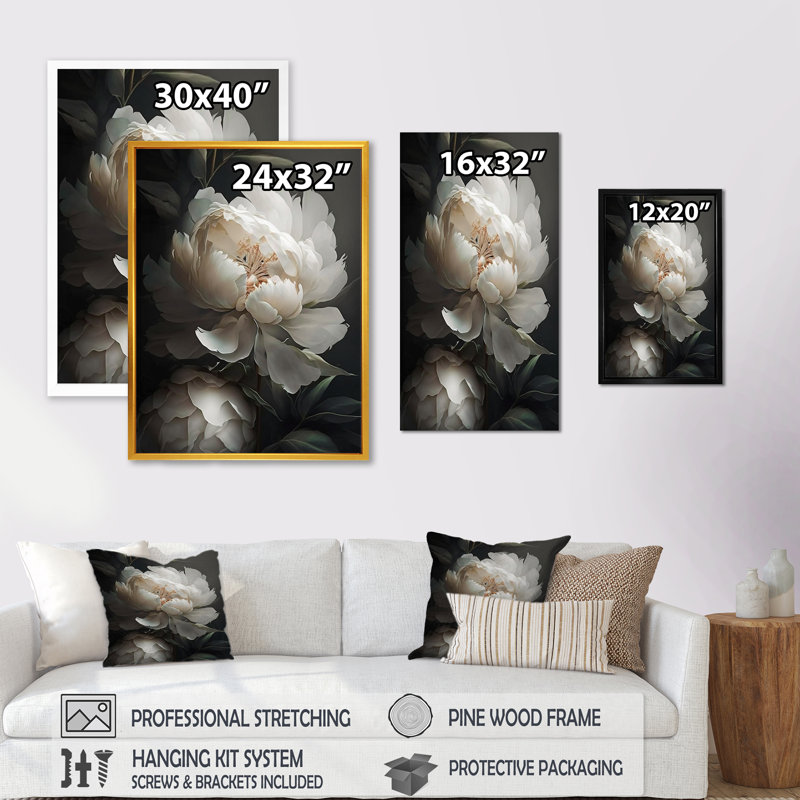 Peony Flower III - Print on Canvas, 20" H x 12" W, Silver Floater Framed