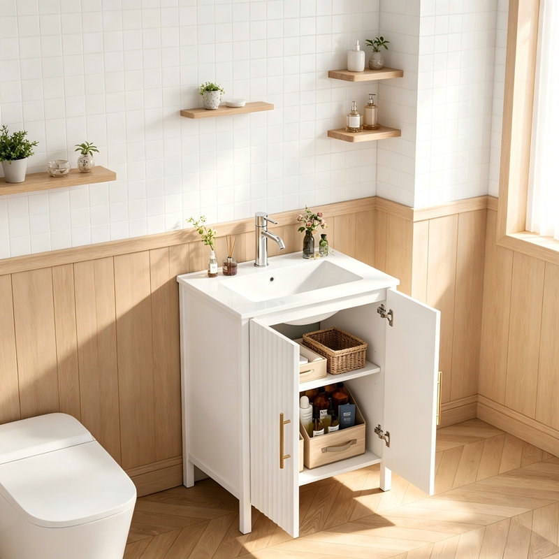 Meuble-lavabo de 61 cm avec lavabo intégré, porte à panneaux ondulés blanc brillant, poignées en métal doré, tablette réglable, meuble de rangement moderne autoportant pour salle de bain.