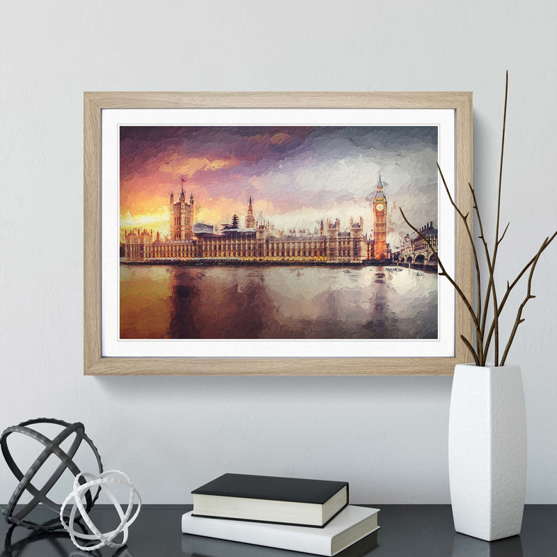 Big Ben And Houses Of Parliament In Abstract - Single Picture Frame Painting, Oak Framed, 45cm H x 63cm W x 2cm D