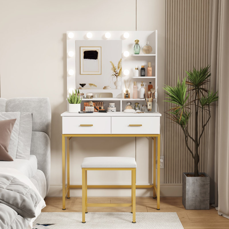 White Vanity with Mirror, Lights, and Gold Legs