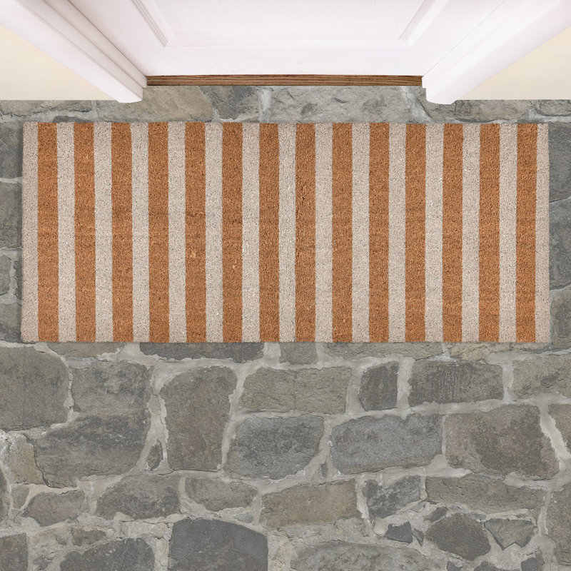 Ivory and Natural Coir Striped Outdoor Doormat 24" x 57"