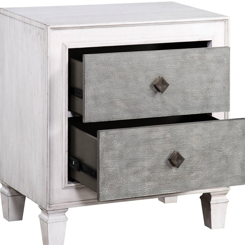 Table de chevet de chambre à coucher en gris et blanc rustique - 2 tiroirs, doublé de feutre, coffre-fort, protection contre les intempéries, fermeture contrôlée