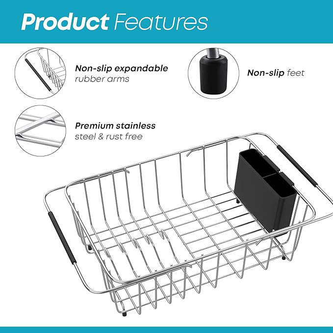 Compact Stainless Steel Over Sink Dish Drying Rack with Utensil Holder