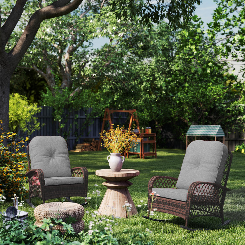 2 chaises berçantes en rotin avec coussin moelleux pour le jardin, 2 pièces, Gris