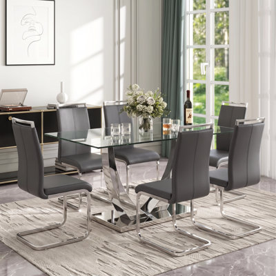 7-Piece Modern Glam Rectangular Tempered Glass Dining Set with Faux Leather Cantilever Chairs