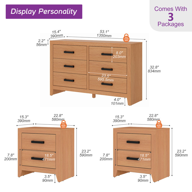 3 Piece  Dresser And Nightstand Set For Bedroom, Mocha