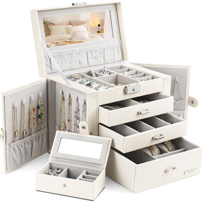 Homde Jewellery Box For Women Girls With Small Travel Case Mirror Necklace Ring Earrings Organizer White Wood Grain