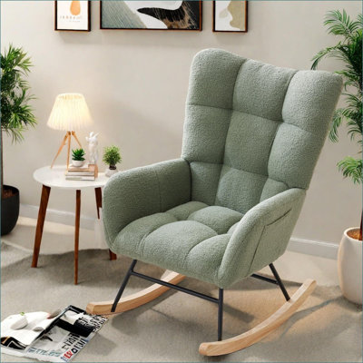 Chaise berçante, fauteuil oscillant rembourré Teddy avec dossier haut, accoudoirs et poches latérales, fauteuil de lecture moderne et confortable pour chambre à coucher, salon