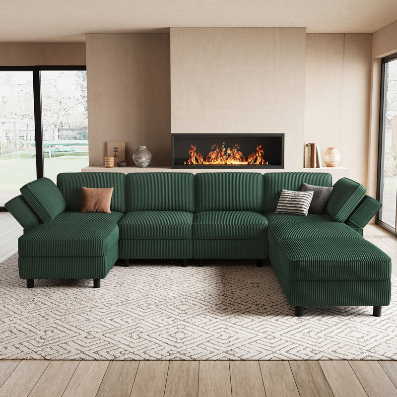 U Shaped Modular Sectional Sectional Sofa With Chaise & Ottoman, Green Corduroy