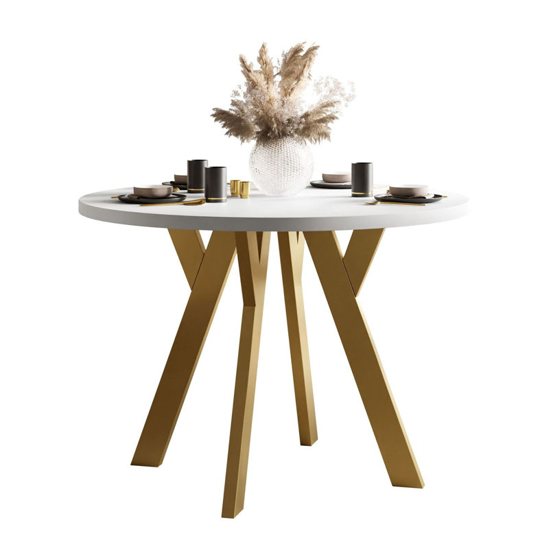 Extendable Round Metal Base Dining Table, Gold, White
