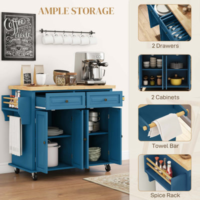 Kitchen Island Cart with Solid Wood Top, 44" Mobile Kitchen Island Table on Wheels with Storage Cabinets, 2 Drawers, Adjustable Shelves, Spice Rack & Towel Bar for Dining Room, Navy Blue