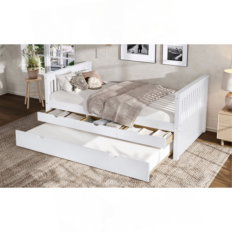 Lit plateforme simple avec tiroirs et lit gigogne, lit de jour en bois massif, sans sommier, Off White