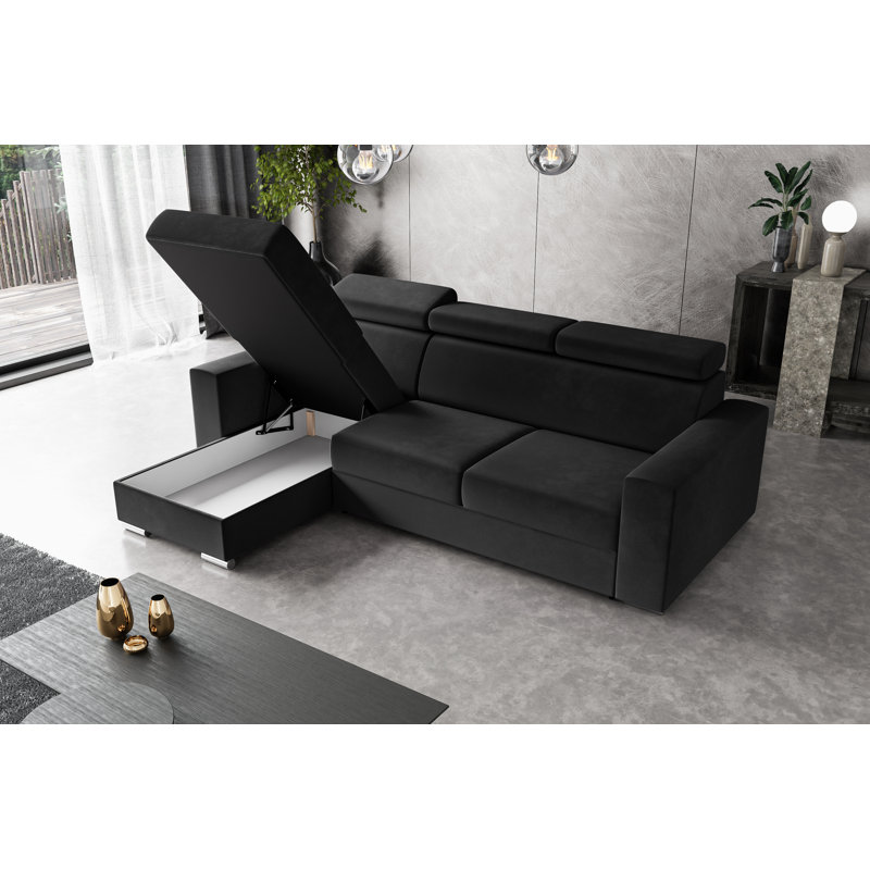 Philbert Corner Sofa Bed, Black Polyester, Left Hand Facing