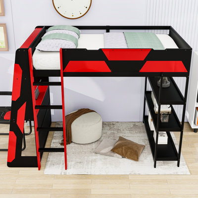 Full Size Loft Bed with Side-Mounted Desk, LED Lighting and Storage Shelves
