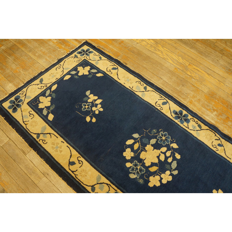Hand Knotted Pile 1920s Blue Wool Rectangle Antique Rug