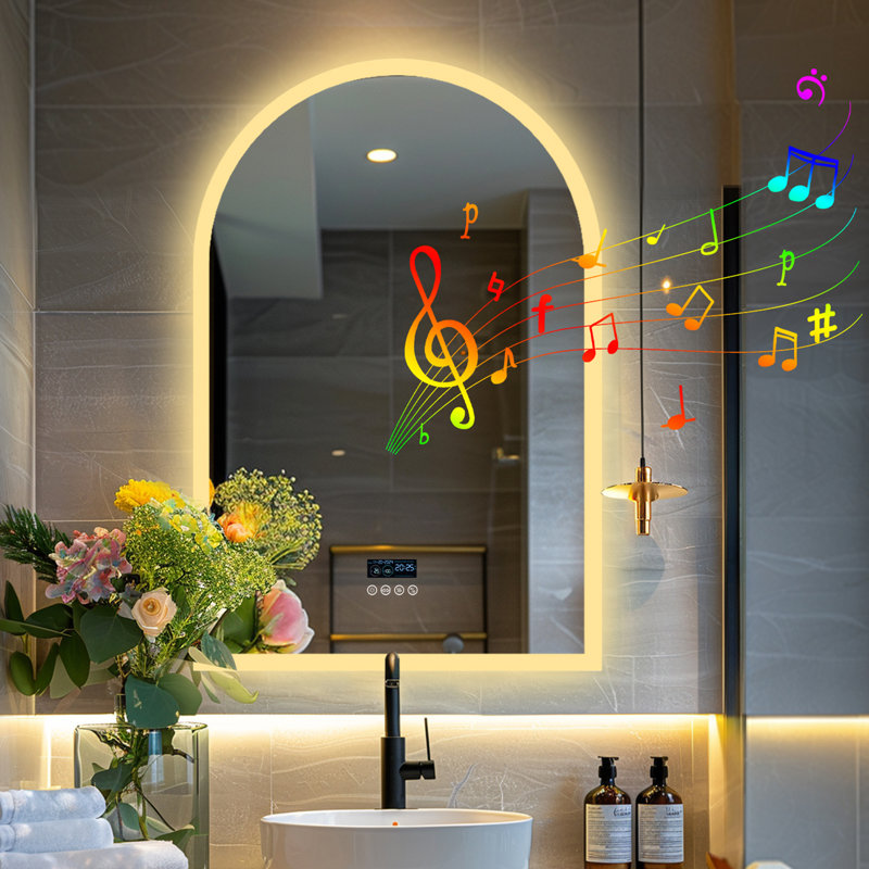 Arched Bathroom Mirror With Led Lights And Built-in Bluetooth Speaker, Time Temperature Display Unit - Smart Lighted Vanity Makeup Wall Mounted Mirrors - 3 Lights Setting Anti-fog Dimmable Ip56