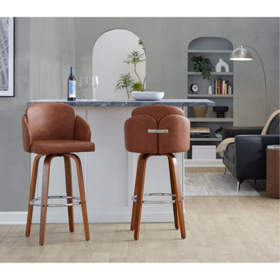 Tabouret de bar à hauteur fixe en bois de noyer et similicuir brun clair avec repose-pieds rond chromé - ensemble de 2