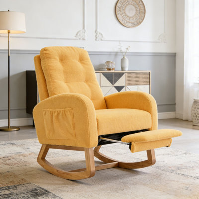 Accent Rocking Chair with Footrest High Back Rubber Wood