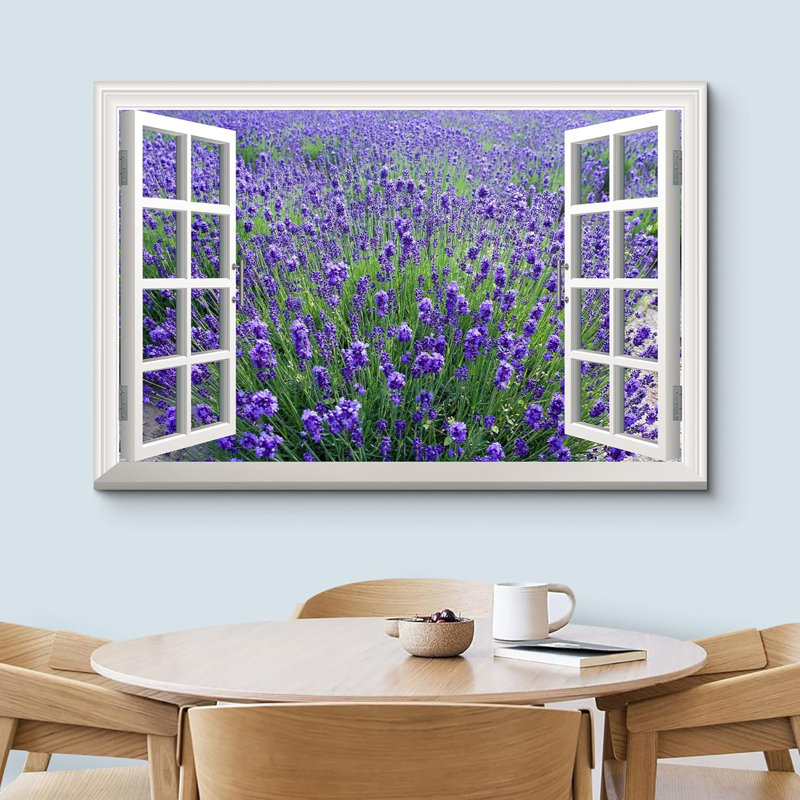 Fenêtre, paysage, lavande mauve, champ dans une fenêtre ouverte, impression sur toile tendue, H 12 po x l 18 po