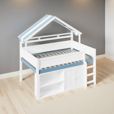 Full Size Loft Bed With Canopy Roof And Storage Cabinet