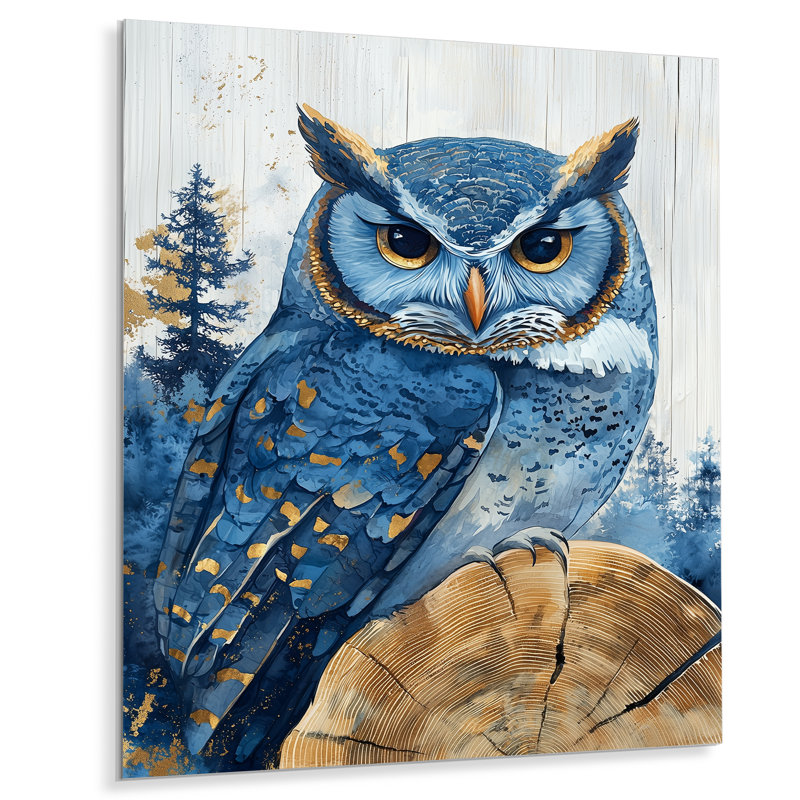 Chouette dans la forêt de Saphir paysage I - impression d'art moderne en métal, décoration murale hibou en métal
