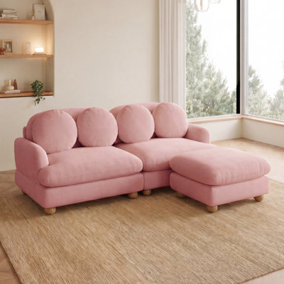 Comfy  Chenille Loveseat Sofa, 3 Seater Deep Seat Couch with 4 Throw Pillows,Movable Ottoman,Solid Wood Frame for Living Room, Bedroom,Pink
