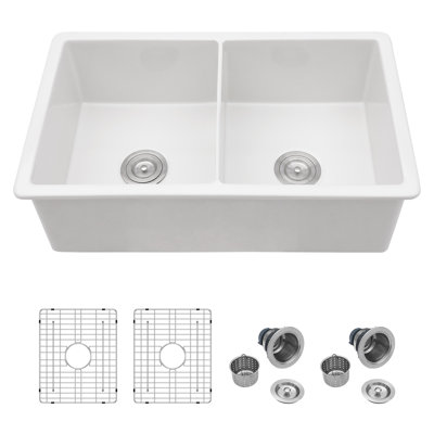 32" L x 19" W Fireclay 50/50 Double Bowl Drop-In/Undermount Kitchen Sink with Sink Grid and Basket Strainer