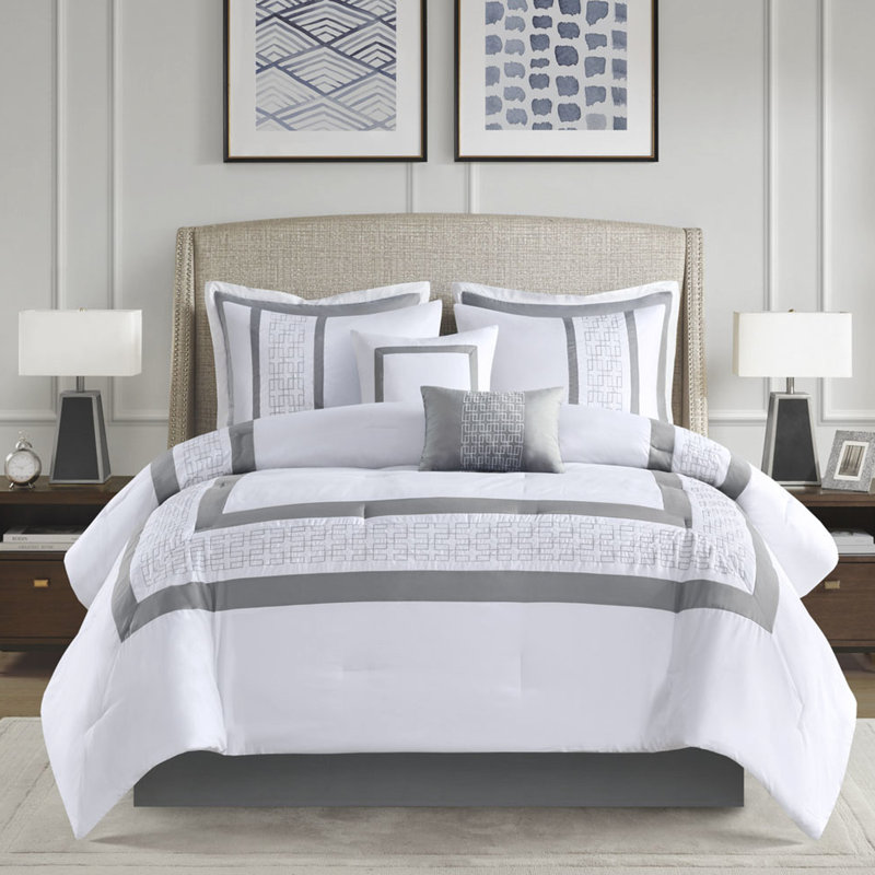 Queen Size 8 Piece Comforter - Embroidered & Pieced Details Hotel Style Decor White And Grey Filling Includes Comforter, , 2 Shams, Euro Decorative Pillows Machine Washable Attractive Ornaments