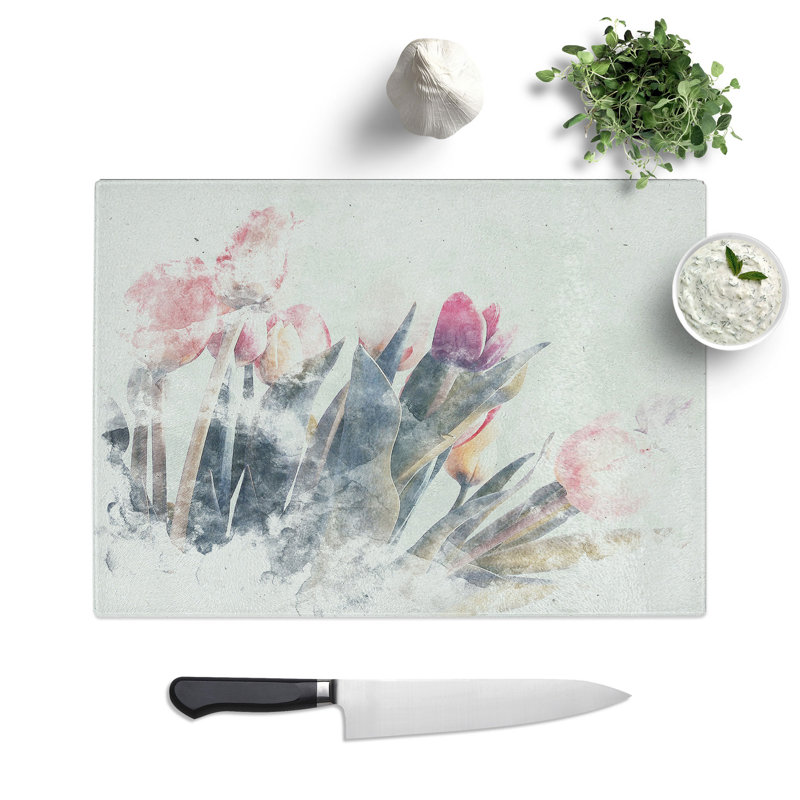 Tempered Glass Bunch of Pink Tulips Chopping Board, 28.5 cm x 39 cm