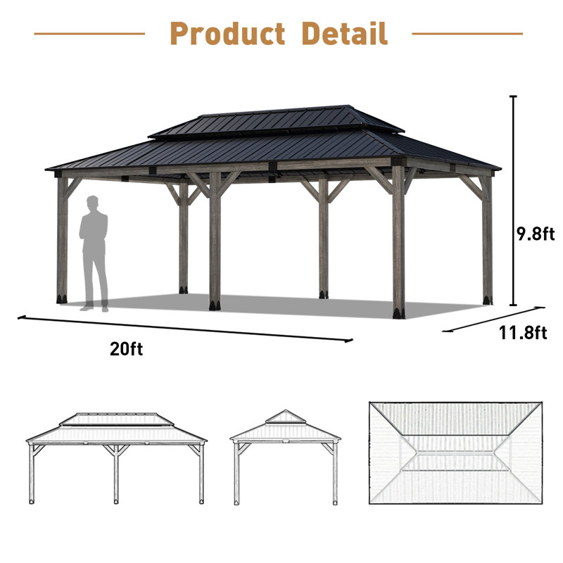 Solid Patio Gazebo, Gray, 10 Ft. H x 20 Ft. W x 12 Ft. D