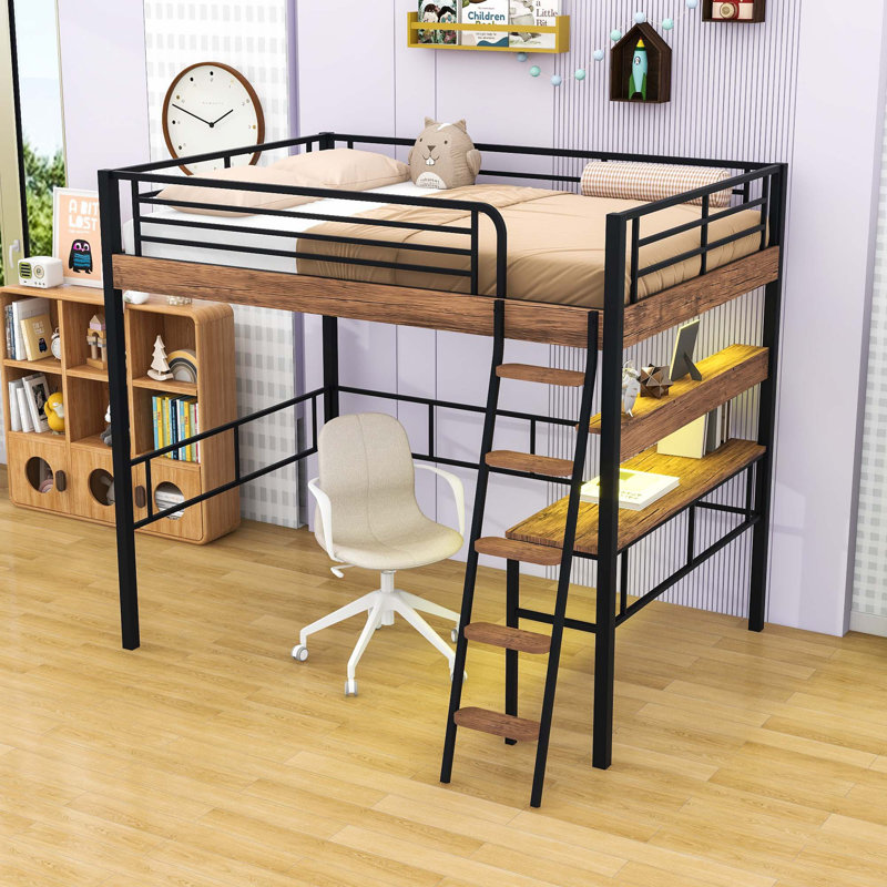 Metal Full Loft Bed With LED Lighting, Desk, Shelves, Ladder And Guardrails, Full
