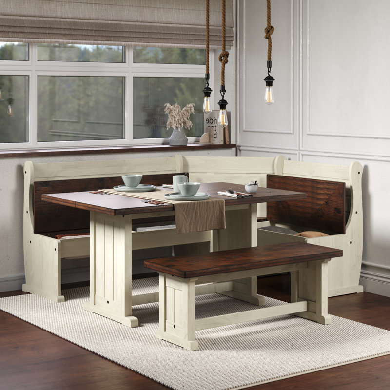 Ensemble de coin de salle à manger Delja August Grove®, Blanc patiné, Chêne foncé / blanc vieilli