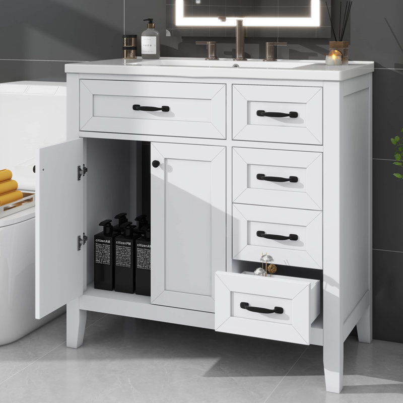 Meuble-lavabo simple 36 po avec tiroirs pratiques, Blanc